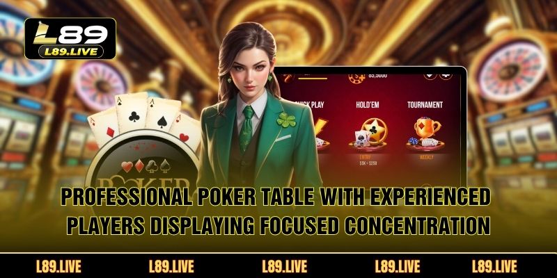 Professional poker table with experienced players displaying focused concentration
